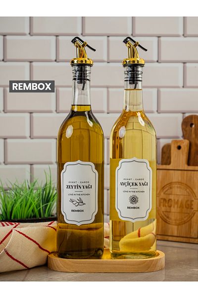 Rembox 750ml 2-Piece Oil and Vinegar Bottle with Wooden Stand Suitable for Olive Oil with Gold Shell