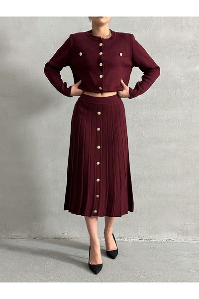 Lusin Claret Red Knitwear kardigán és midi szoknya szett - gombos részlet, S/M