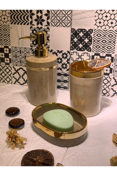 GLORİNDA HOME LÜKS BEJ MERMER DESENLİ RENK 3'LÜ BANYO SETİ