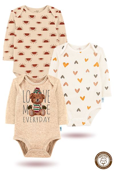 MAHFEL 100% Cotton 3-Piece Organic Printed Snap Fastener Baby Bodysuit