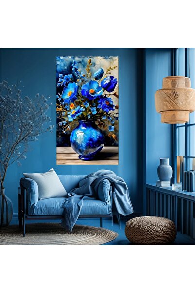 KanvasSepeti Flori albastre în vază Pânză Pictură în ulei Texturată Pânză de ...