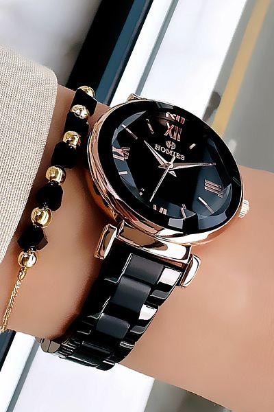Homies Women's Wristwatch 3 Atm Waterproof Black Color Steel Strap + Bracelet