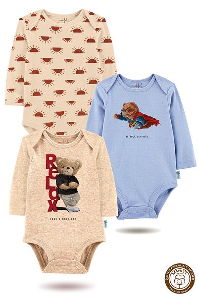 MAHFEL 100% Cotton 3-Piece Organic Printed Snap Fastener Baby Bodysuit