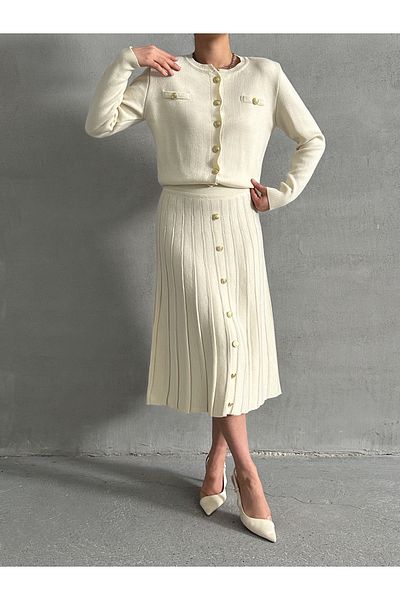 Lusin Ecru Women's Knitwear Set - Button Detailed Cardigan and Midi Skirt S/M
