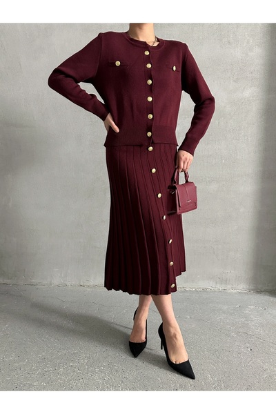 Lusin Claret Red Knitwear kardigán és midi szoknya szett - gombos részlet, S/M