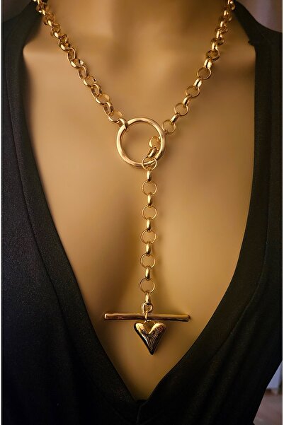 WONDER TOUCH Halka İçinden geçirmeli kalpli dekolte kolyesi,altın kaplama tas...