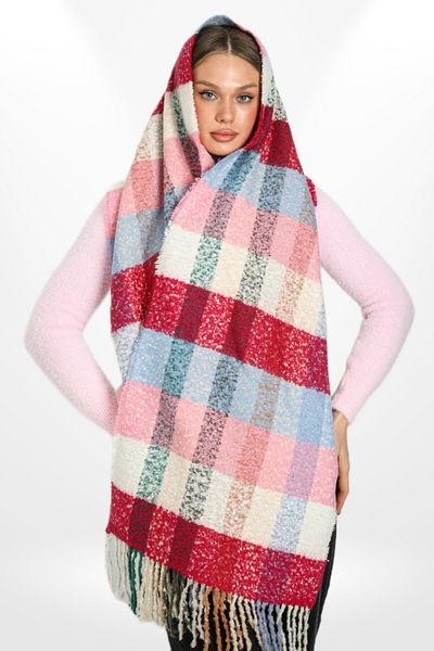 hijabchi Eșarfă cu șal cu umăr gros, cu textura moale, cu dungi în carouri - Albastru - Pudra - Crem
