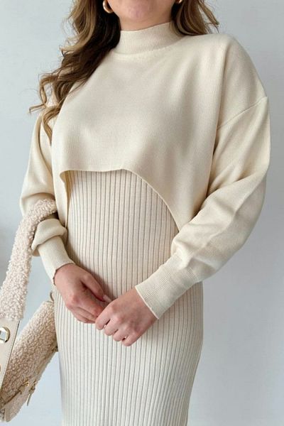 LC Waikiki Ecru Bolero Short Sweater Maxi Length Knitwear Dress Set