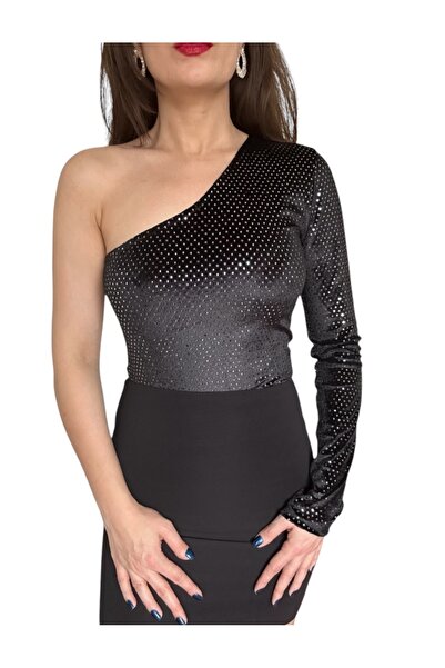Butik Hepa-GG Kadın Tek Omuz Taşlı Kadife  Bluz