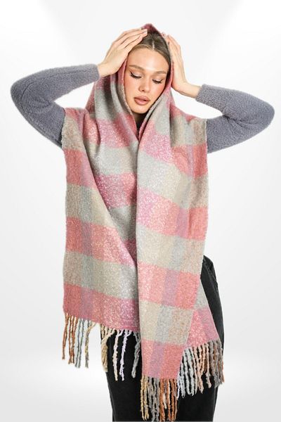 hijabchi Soft Textured Tasseled Striped Plaid Pattern Thick Shoulder Shawl Scarf - Powder - Gray