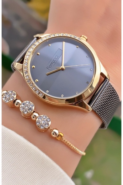 Ferrucci Ferruci Marka Siyah Renk Çelik Kordon 2 Yıl Garantili Kadın Kol Saati - Bileklik Hediyeli