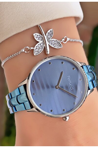 Ferrucci ساعة يد نسائية بحزام فولاذي باللون الأزرق من العلامة التجارية Ferruci - هدية سوار