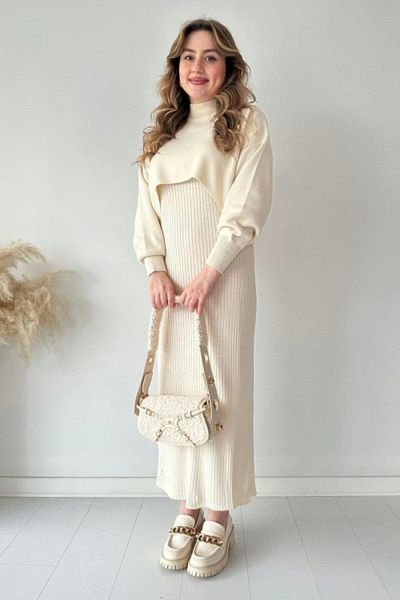 LC Waikiki Ecru Bolero Short Sweater Maxi Length Knitwear Dress Set