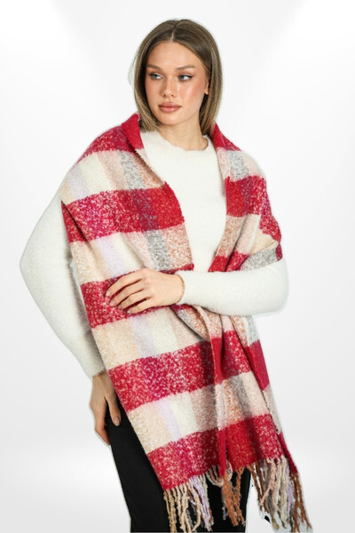 hijabchi Plaid Patterned Soft Textured Striped Tasseled Thick Shoulder Shawl Scarf - Red/Cream