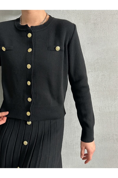 Lusin Black Knitwear Midi Cardigan and Skirt Set - Button Detail S/M