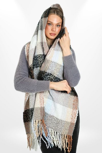 hijabchi Şal cu umăr gros cu textura moale, cu imprimeu în carouri şi ciucuri - negru/crem/gri