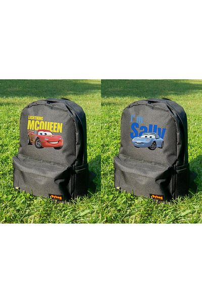BYBAG 2 Pieces Lightning Mcqueen & Sallly Cars Printed Black Unisex Backpack - Dear