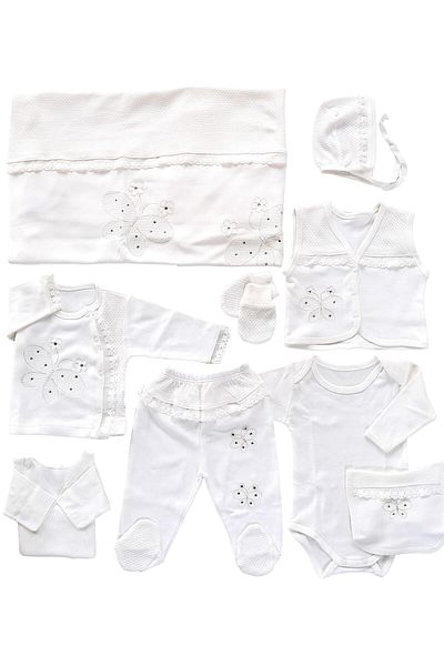 Sitilin Baby Girl Ecru Butterfly Scalloped 100% Cotton 10-Piece Hospital Discharge Set Stl6512