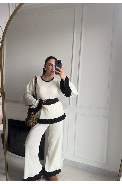 Sobe Women's Ecru Knitwear Suit Oversize Knitwear Suit with Ruffle Sleeves Daily Comfortable White Knitwear Suit