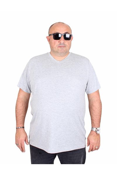 MocGrande Plus Size Lycra Men's V-Neck T-Shirt - Grey Melange 11170