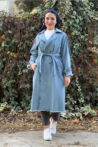 Moda Rosa 25K5326 - Light Blue - Gabardin Long Trench Jeans