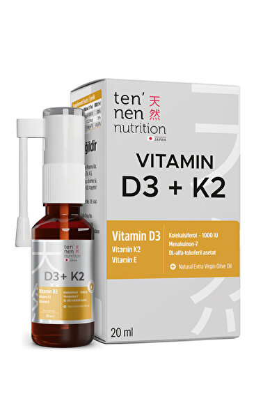 Tennen Nutrition Vitamin D3 K2 1000 IU, Vitamin E, Zeytinyağı Sayesinde Yüksek Emilim, 20 ml