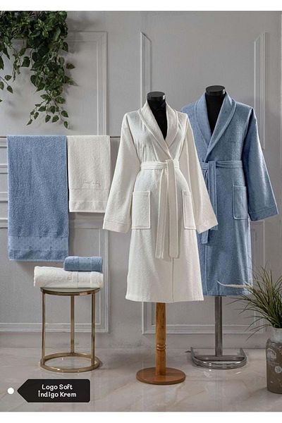 Mandaş P.Cardin 6 Piece Jacquard Οικογενειακό Σετ Μπουρνούζι - Soft Cream Indigo Logo