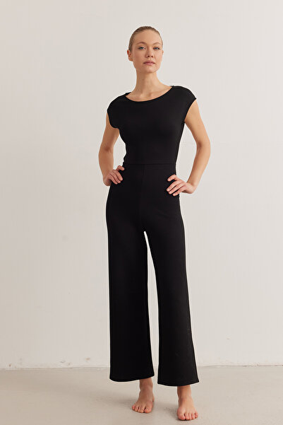 Mf Siyah Sırt Dekolteli Dar Kesim Bol Paça Pilates Ve Spor Tulumu