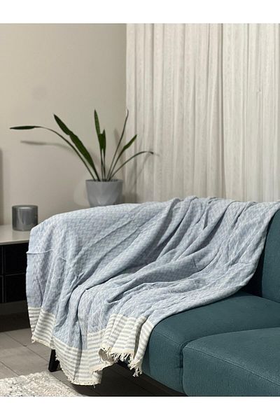 MEKA TEKSTİL 175X215 Baby Blue 100% Organic Cotton Fringed Sofa Cover