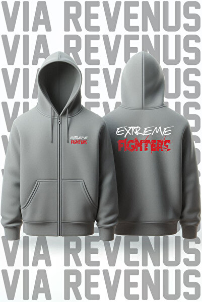 Vordevia Extreme Fighters Front and Back Printed Unisex Zippered Hooded Gray Sweatshirt Cardigan