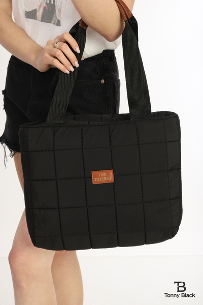 Tonny Black Large Volume Quilted Shopper with Zipper Single Compartment School Sport Tote Bag Hand Arm and Shoulder Bag for Business