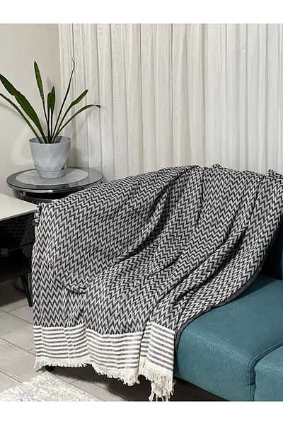MEKA TEKSTİL 100% Organic Cotton Fringed Sofa Cover 175X215 Black