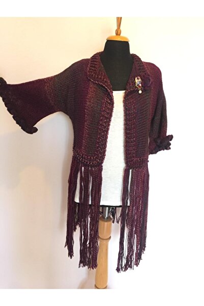 drt tasarım El Örgüsü Crop Bordo Uzun Püsküllü Kadın Kışlık Kombin Hırka