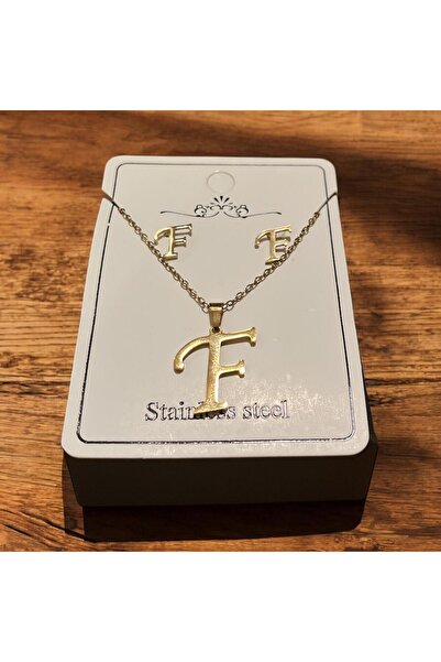 stainles steel Gold Harfli ve Küpeli Kolye (F Harfi)