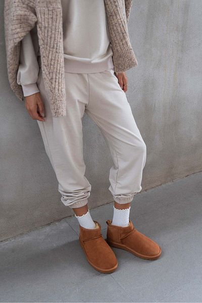 NİŞANTAŞI SHOES Mini Tan Echtes Wildleder Flache Sohle Schafsfell Damenstiefel