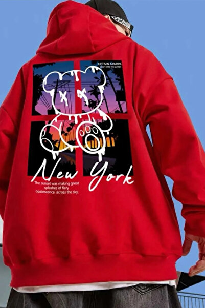 FECCY Βαμβακερό φούτερ με κουκούλα με στάμπα New York, υπερμεγέθη, με 3 κλωστές
