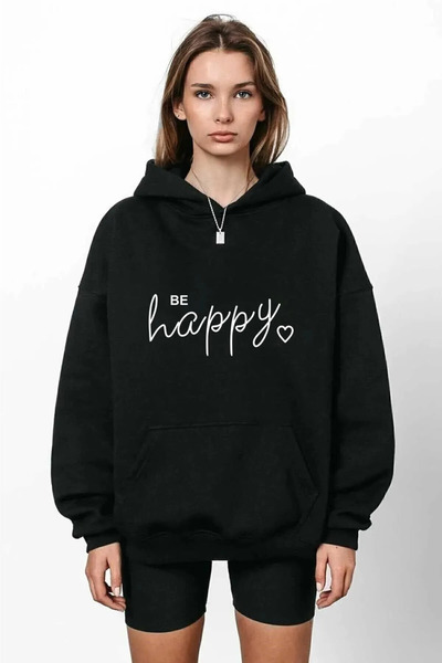 FECCY Hanorac cu glugă din bumbac cu imprimeu Be Happy