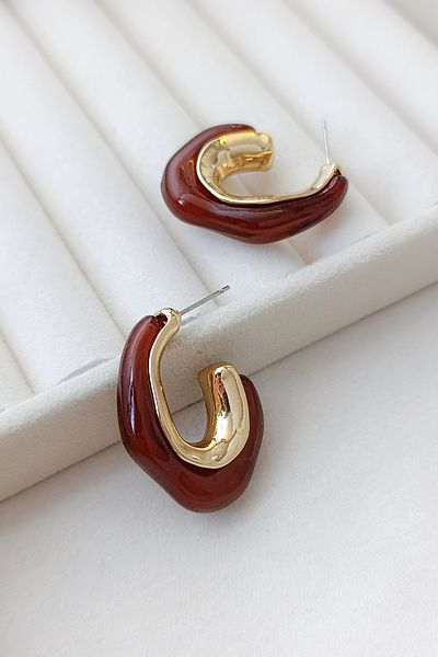 COSİTA Asymmetrical Vintage Design Earrings with Gold and Coffee Detail