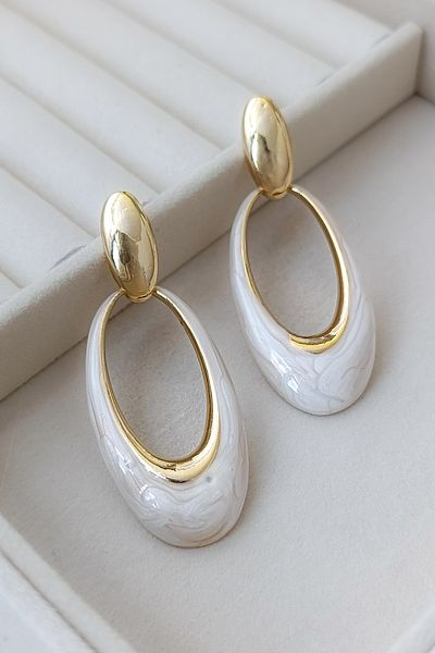 COSİTA White Marble Patterned Modern Earrings with Gold Frame