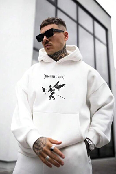 FECCY Hanorac cu glugă pentru bărbați, din bumbac, mov, cu imprimeu Linkin Park