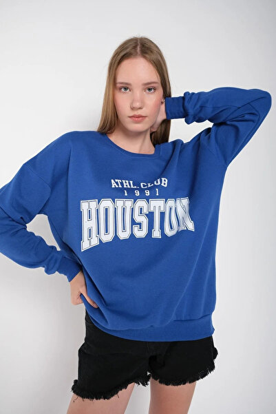 FECCY Hanorac oversize din bumbac pentru femei, cu imprimeu Houston, cu guler...
