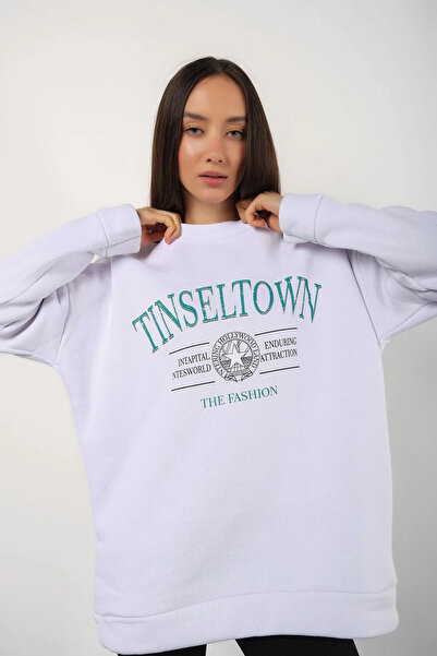 FECCY Hanorac oversize din bumbac pentru femei, cu imprimeu Tinseltown și dec...
