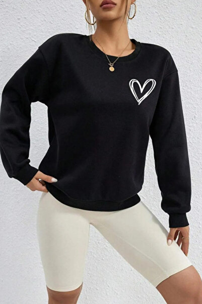 FECCY Hanorac din bumbac cu imprimeu inimă și guler tip crewneck