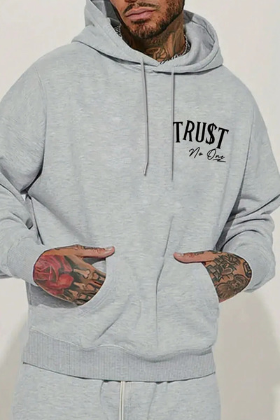 FECCY Hanorac gri cu glugă din bumbac, imprimat cu textul „Trust no one”