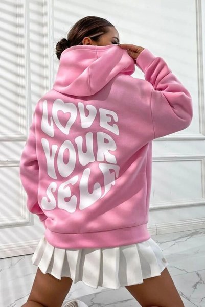 FECCY Hanorac din bumbac cu glugă, supradimensionat, cu imprimeu Love Your Self, 3 fire, 100% bumbac