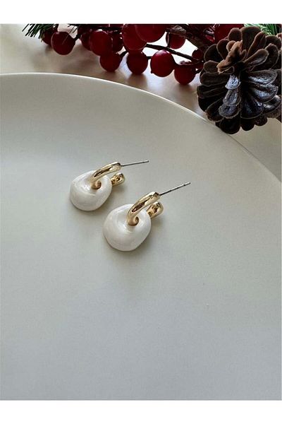 Pelin Aksesuar White Enamel Hoop Earrings
