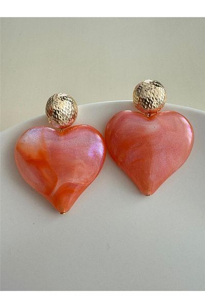 Pelin Aksesuar Orange Shiny Pearlescent Big Heart Design Earrings