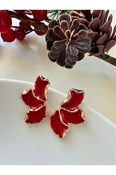 Pelin Aksesuar Red Enameled Leaf Earrings