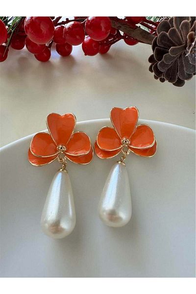 Pelin Aksesuar Orange Drop Pearl Orchid Earrings