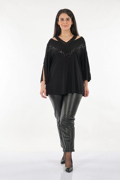 DE WHITES Μινιμαλιστική μπλούζα με παγιέτες De White's Oversize V-Neck 3/4 μανίκι
